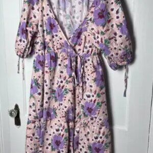 asos Women's Pink Purple Puff Sleeve Midi Wrap Tissue Cotton Dress Size 6